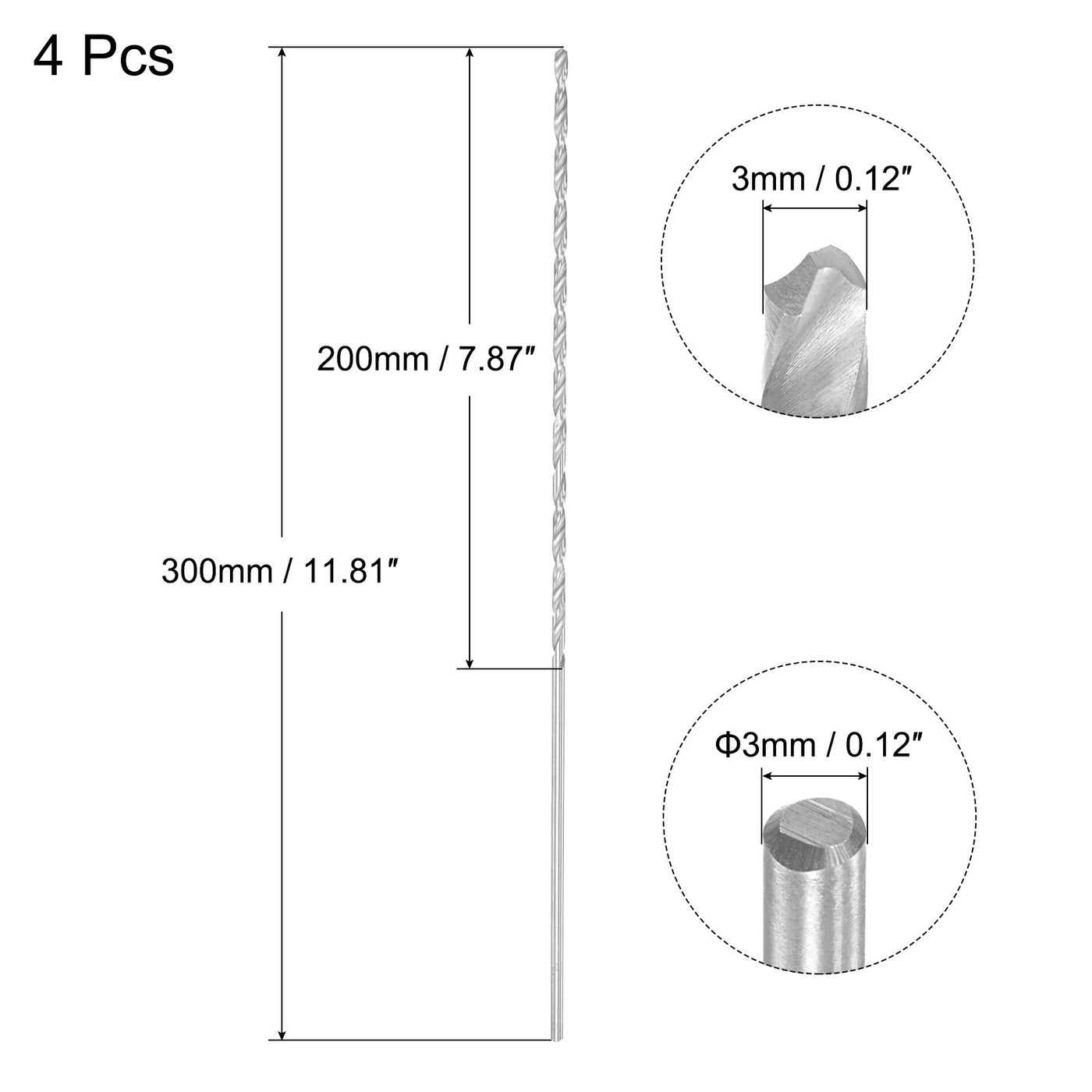 uxcell Uxcell 3mm Twist Drill Bits, High-Speed Steel Extra Long Drill Bit 300mm Length 4pcs