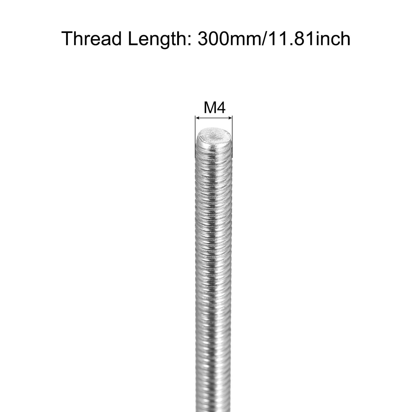 Harfington Fully Threaded Rod M4 x 300mm 0.7mm Pitch 304 Stainless Steel Right Hand 3pcs