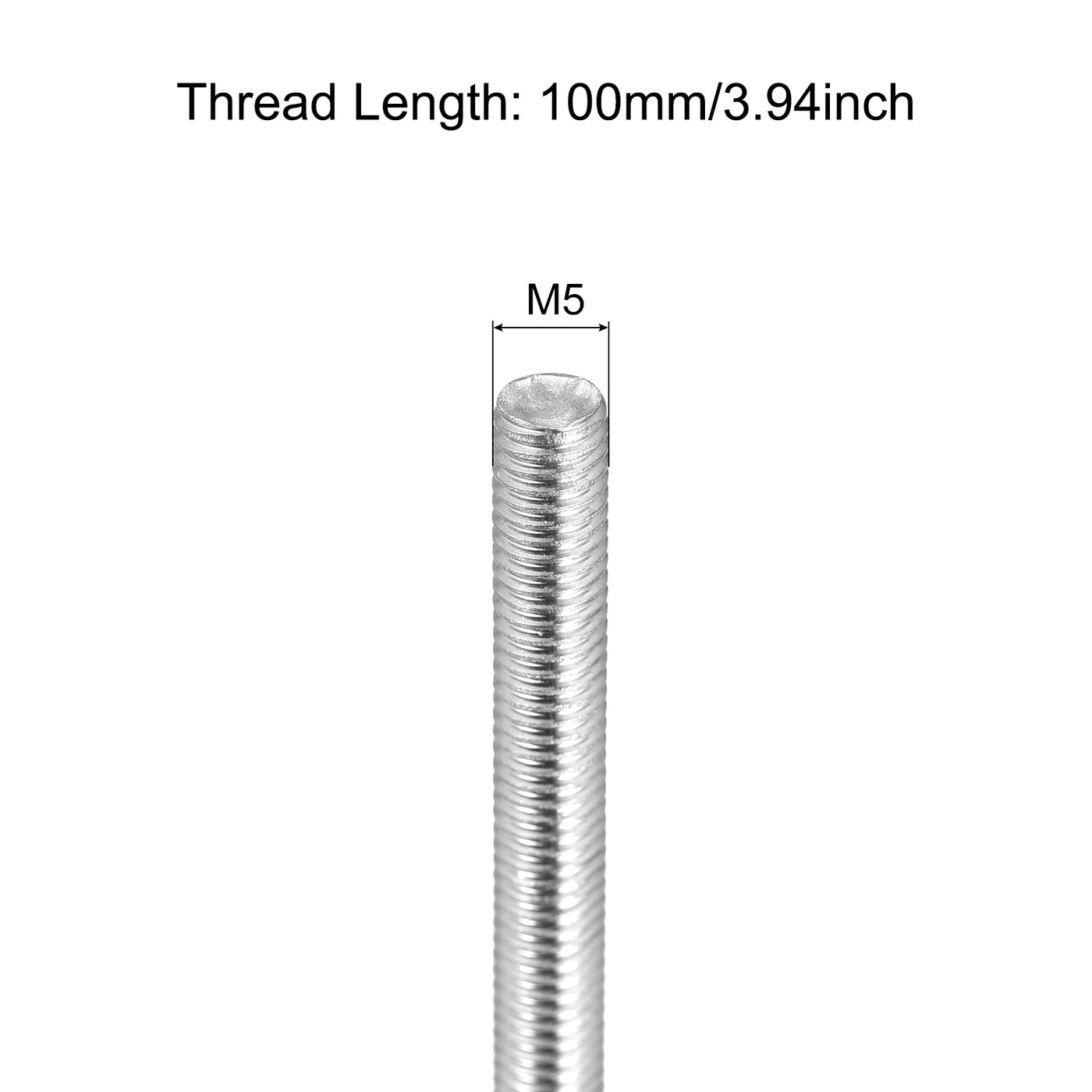 Harfington Fully Threaded Rod M5 x 100mm 0.8mm Pitch 304 Stainless Steel Right Hand 3pcs