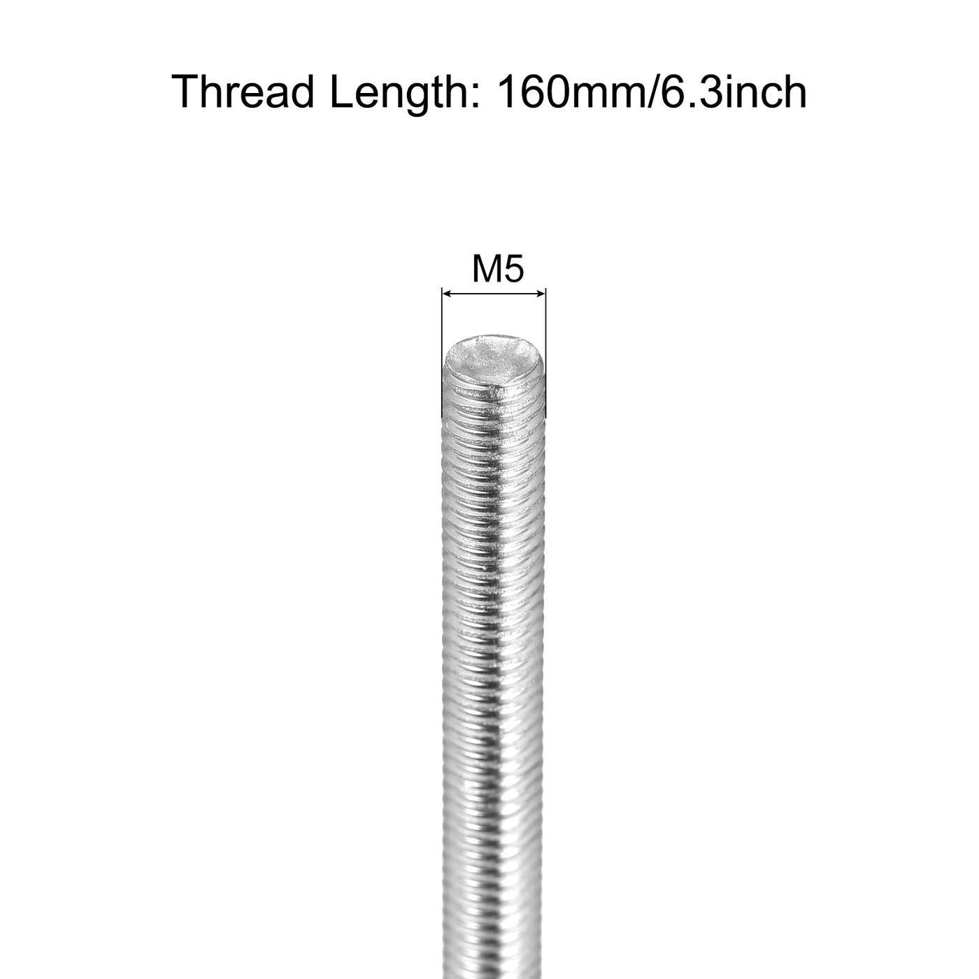 Harfington Fully Threaded Rod M5 x 160mm 0.8mm Pitch 304 Stainless Steel Right Hand 3pcs