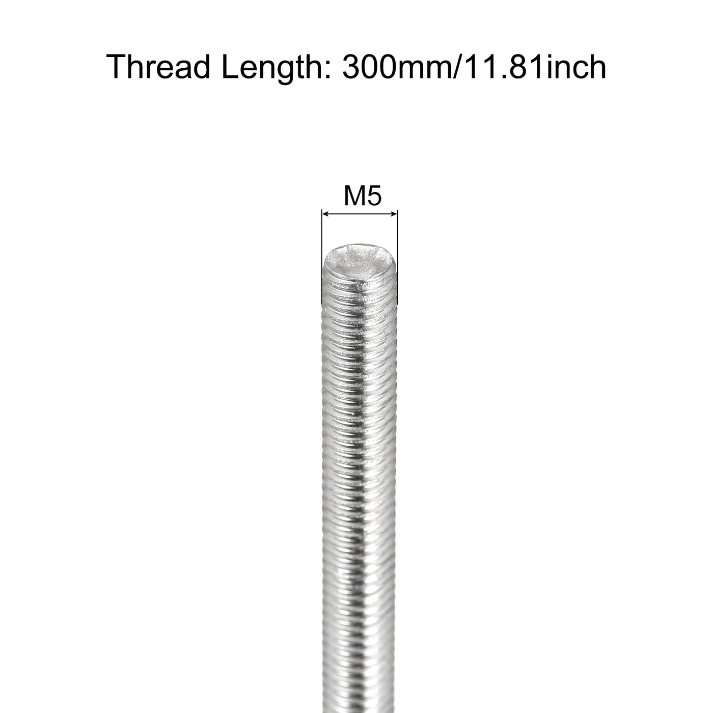 Harfington Fully Threaded Rod M5 x 300mm 0.8mm Pitch 304 Stainless Steel Right Hand 3pcs