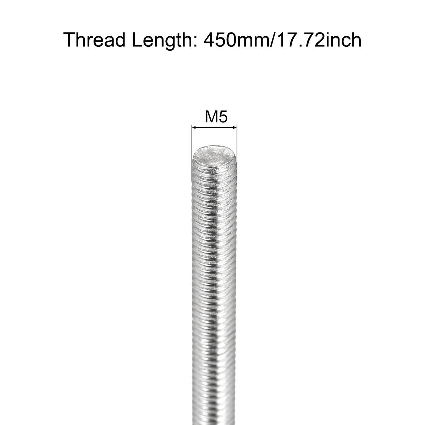 Harfington Fully Threaded Rod M5 x 450mm 0.8mm Pitch 304 Stainless Steel Right Hand 3pcs