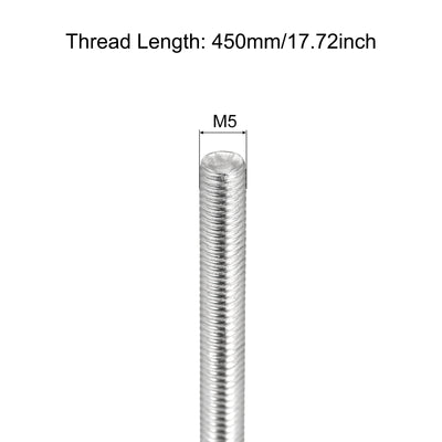 Harfington Fully Threaded Rod M5 x 450mm 0.8mm Pitch 304 Stainless Steel Right Hand 3pcs