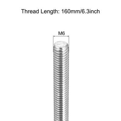 Harfington Fully Threaded Rod M6 x 160mm 1mm Pitch 304 Stainless Steel Right Hand 3pcs