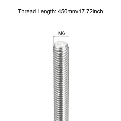 Harfington Fully Threaded Rod M6 x 450mm 1mm Pitch 304 Stainless Steel Right Hand 3pcs