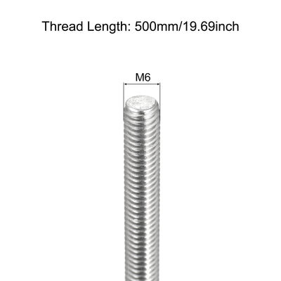 Harfington Fully Threaded Rod M6 x 500mm 1mm Pitch 304 Stainless Steel Right Hand 3pcs