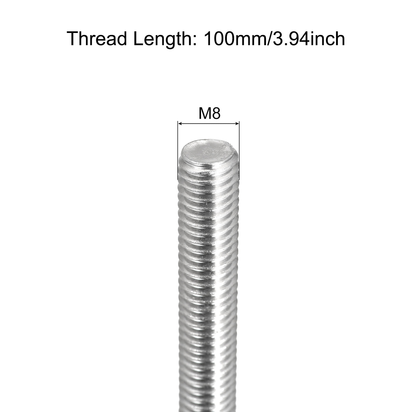 Harfington Fully Threaded Rod M8 x 100mm 1.25mm Pitch 304 Stainless Steel Right Hand 3pcs