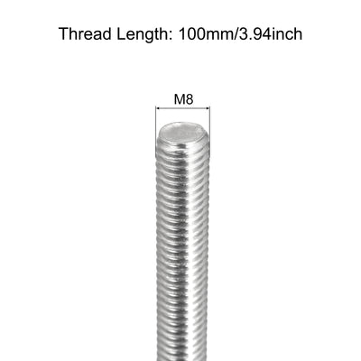 Harfington Fully Threaded Rod M8 x 100mm 1.25mm Pitch 304 Stainless Steel Right Hand 3pcs