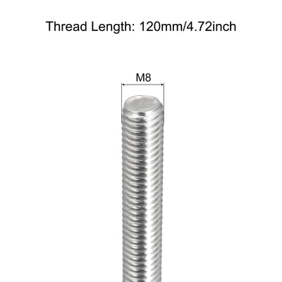 Harfington Fully Threaded Rod M8 x 120mm 1.25mm Pitch 304 Stainless Steel Right Hand 3pcs