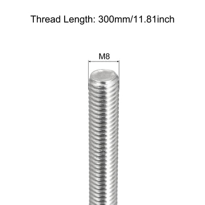 Harfington Fully Threaded Rod M8 x 300mm 1.25mm Pitch 304 Stainless Steel Right Hand 3pcs