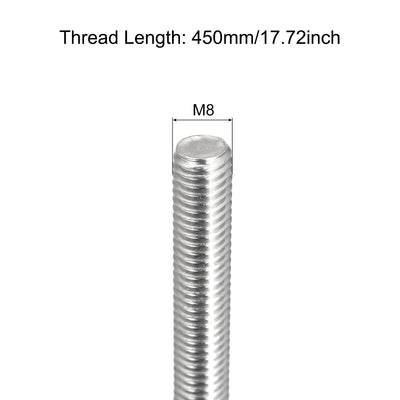 Harfington Fully Threaded Rod M8 x 450mm 1.25mm Pitch 304 Stainless Steel Right Hand 3pcs