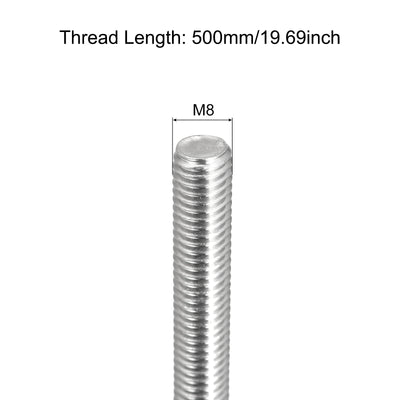 Harfington Fully Threaded Rod M8 x 500mm 1.25mm Pitch 304 Stainless Steel Right Hand 3pcs