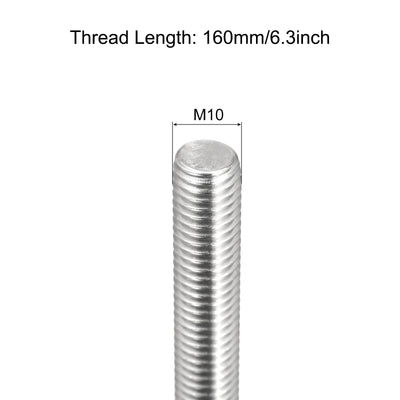 Harfington Fully Threaded Rod M10 x 160mm 1.5mm Pitch 304 Stainless Steel Right Hand 3pcs