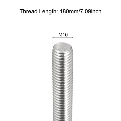 Harfington Fully Threaded Rod M10 x 180mm 1.5mm Pitch 304 Stainless Steel Right Hand 3pcs