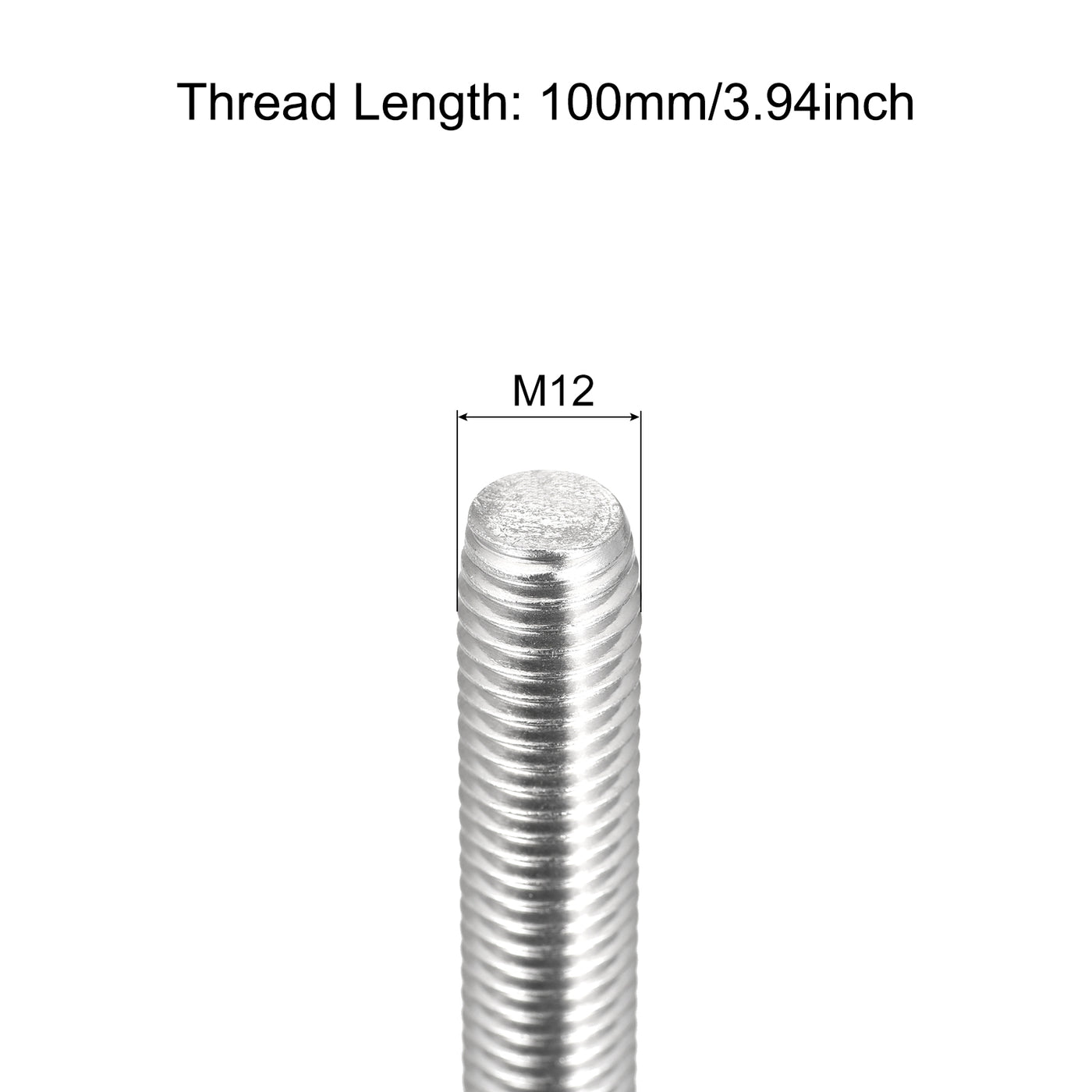 Harfington Fully Threaded Rod M12 x 100mm 1.75mm Pitch 304 Stainless Steel Right Hand 3pcs