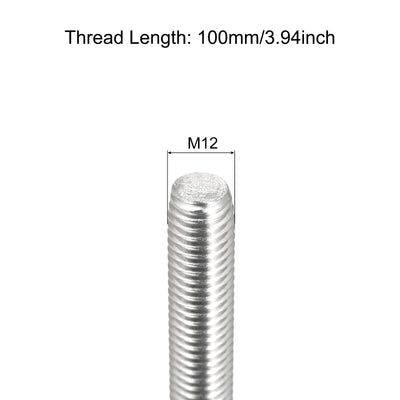 Harfington Fully Threaded Rod M12 x 100mm 1.75mm Pitch 304 Stainless Steel Right Hand 3pcs