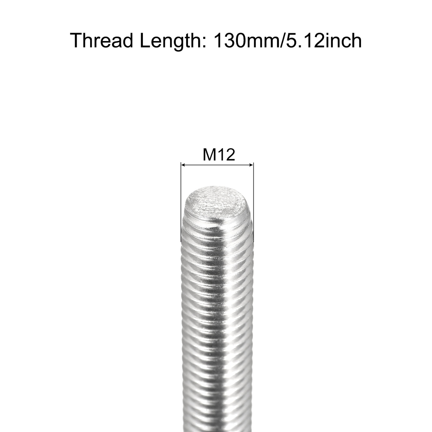 Harfington Fully Threaded Rod M12 x 130mm 1.75mm Pitch 304 Stainless Steel Right Hand 3pcs