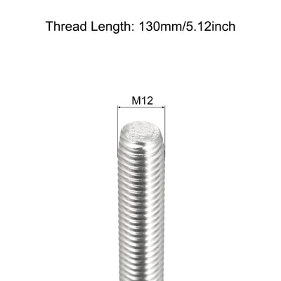 Harfington Fully Threaded Rod M12 x 130mm 1.75mm Pitch 304 Stainless Steel Right Hand 3pcs