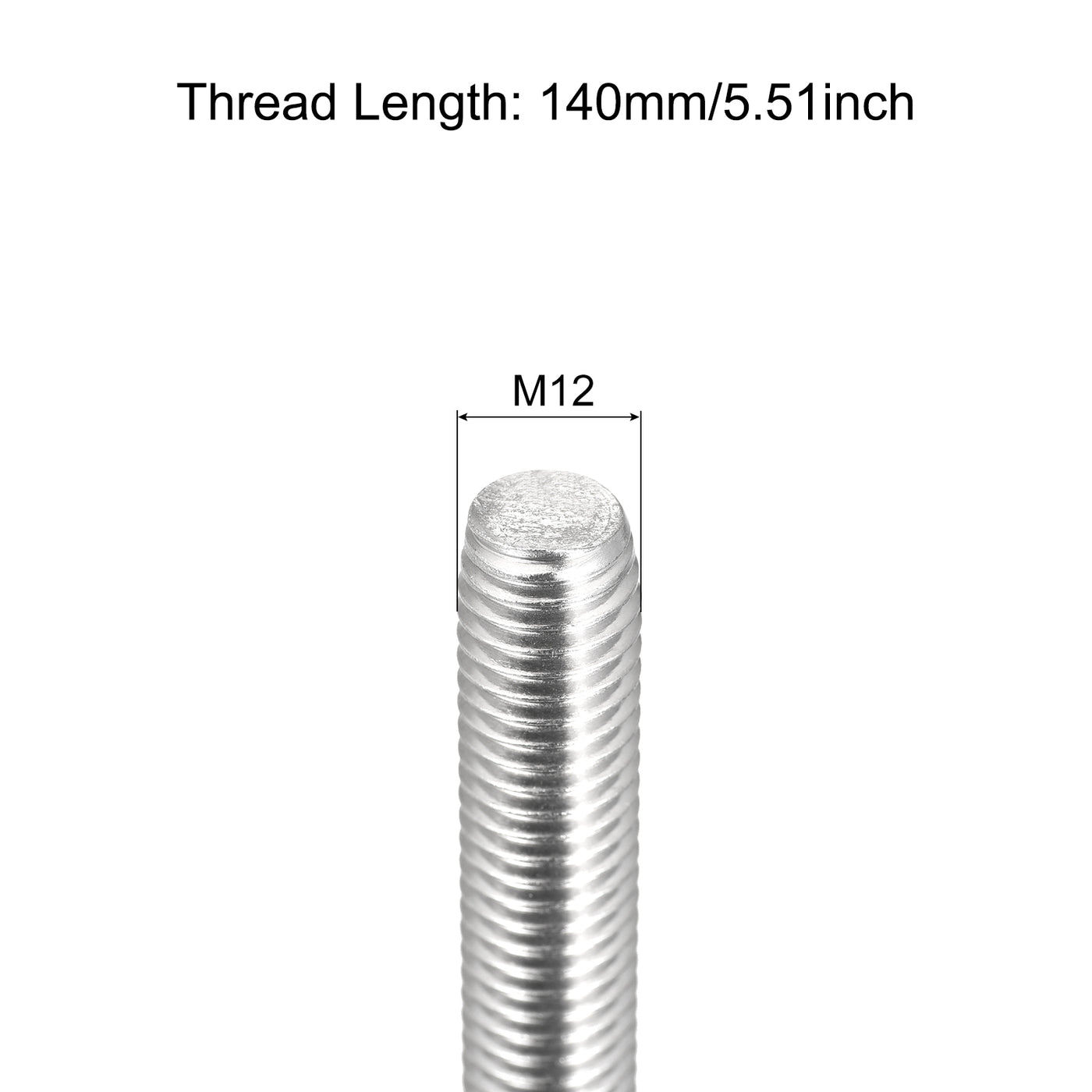 Harfington Fully Threaded Rod M12 x 140mm 1.75mm Pitch 304 Stainless Steel Right Hand 3pcs