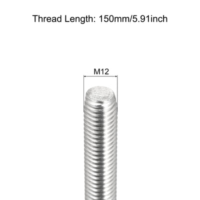 Harfington Fully Threaded Rod M12 x 150mm 1.75mm Pitch 304 Stainless Steel Right Hand 3pcs