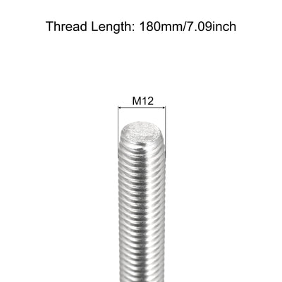 Harfington Fully Threaded Rod M12 x 180mm 1.75mm Pitch 304 Stainless Steel Right Hand 3pcs