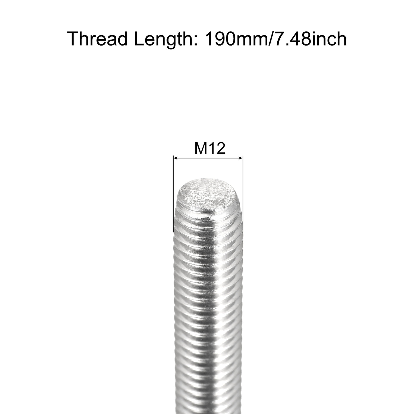 Harfington Fully Threaded Rod M12 x 190mm 1.75mm Pitch 304 Stainless Steel Right Hand 3pcs