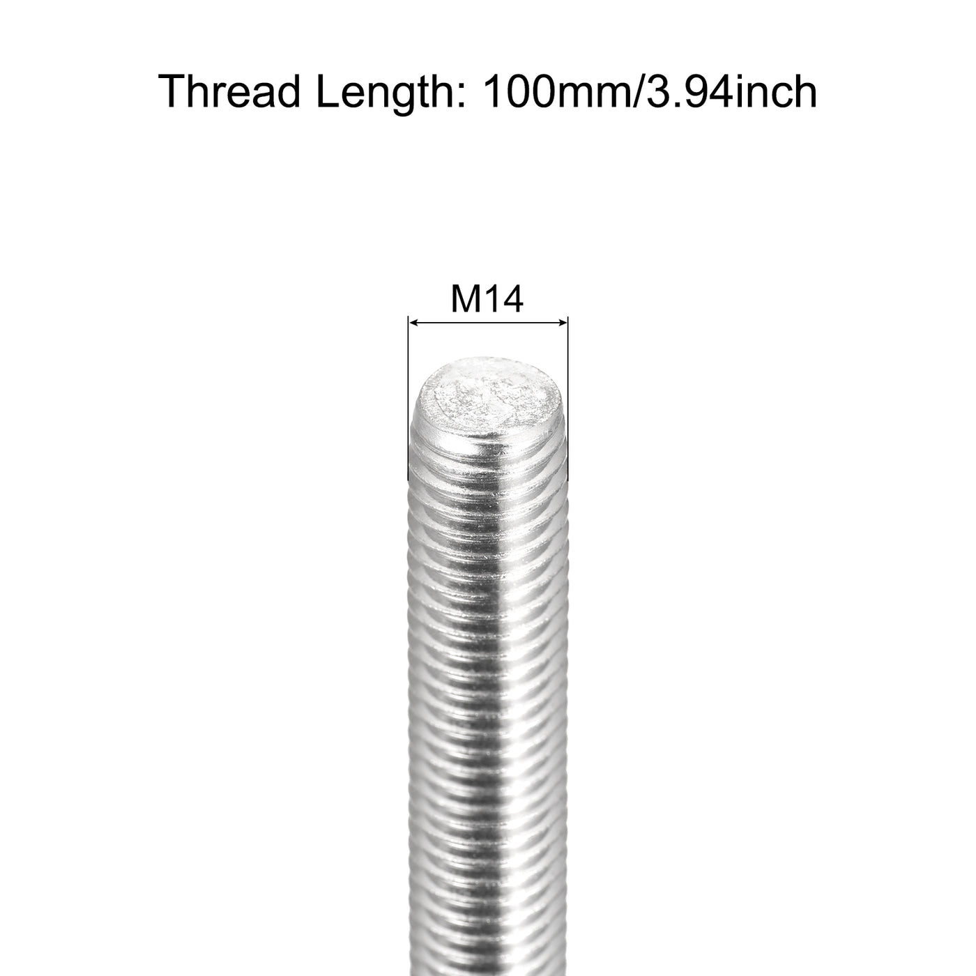 Harfington Fully Threaded Rod M14 x 100mm 2mm Pitch 304 Stainless Steel Right Hand 3pcs