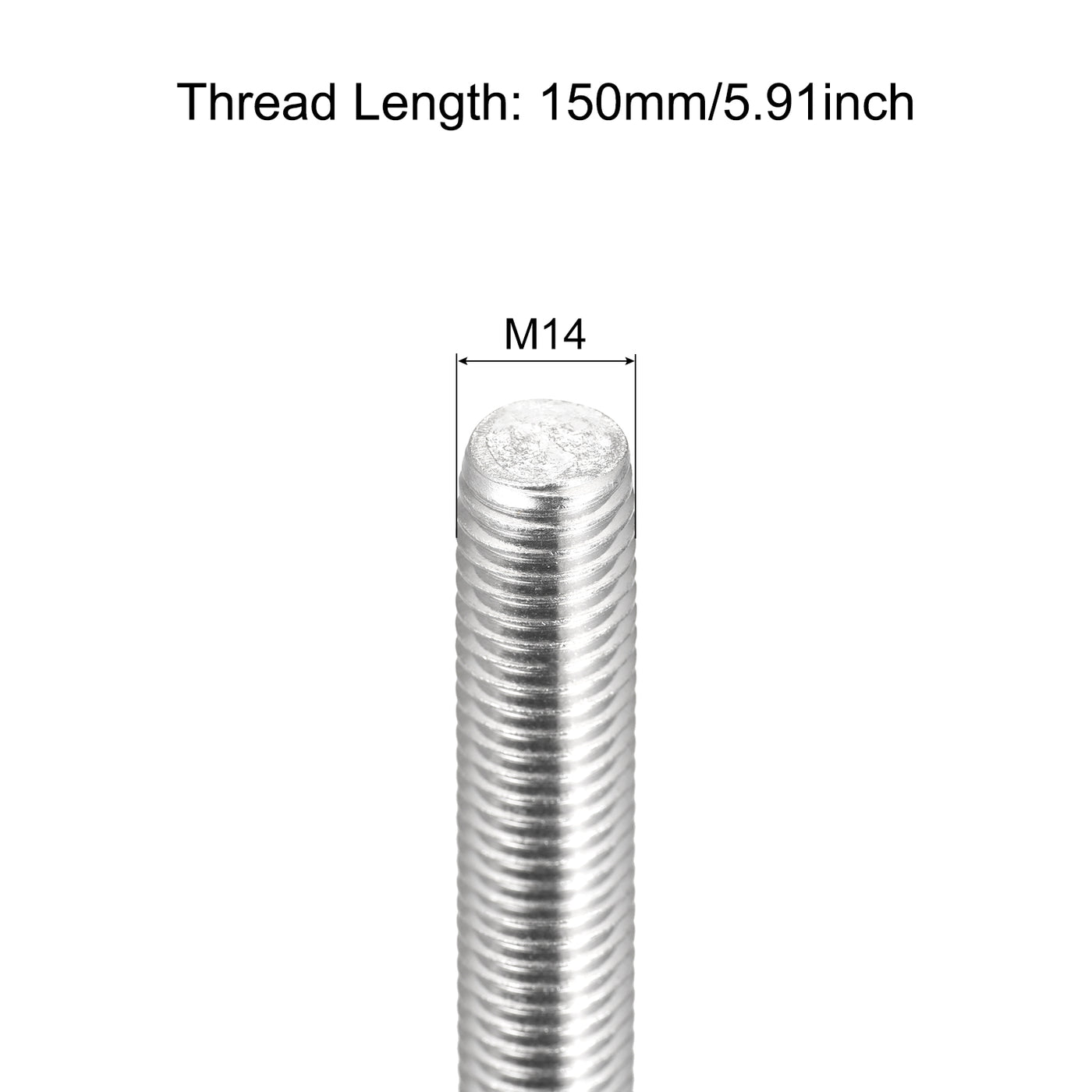 Harfington Fully Threaded Rod M14 x 150mm 2mm Pitch 304 Stainless Steel Right Hand 3pcs