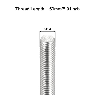 Harfington Fully Threaded Rod M14 x 150mm 2mm Pitch 304 Stainless Steel Right Hand 3pcs