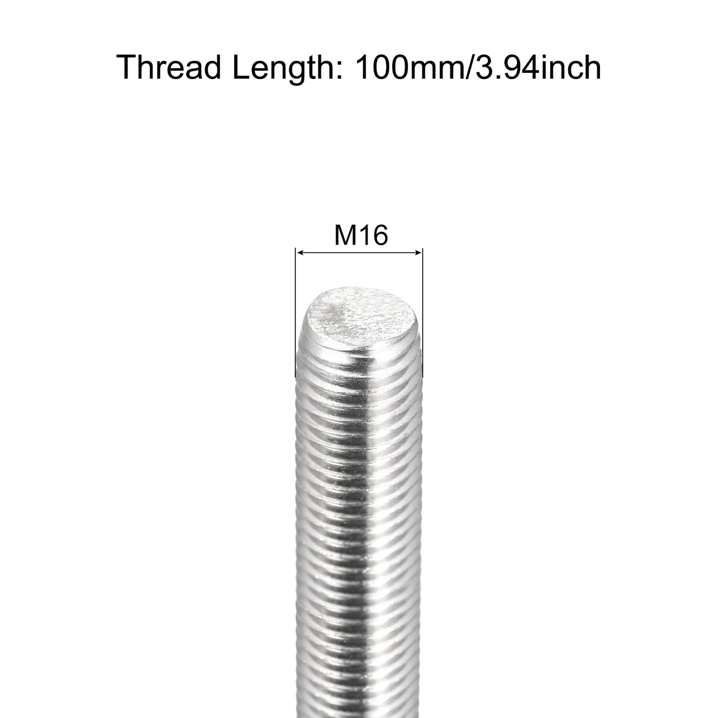 Harfington Fully Threaded Rod M16 x 100mm 2mm Pitch 304 Stainless Steel Right Hand 3pcs