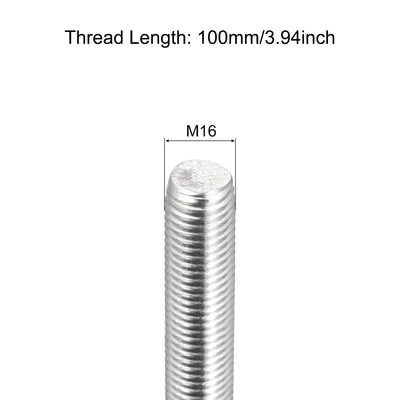 Harfington Fully Threaded Rod M16 x 100mm 2mm Pitch 304 Stainless Steel Right Hand 3pcs