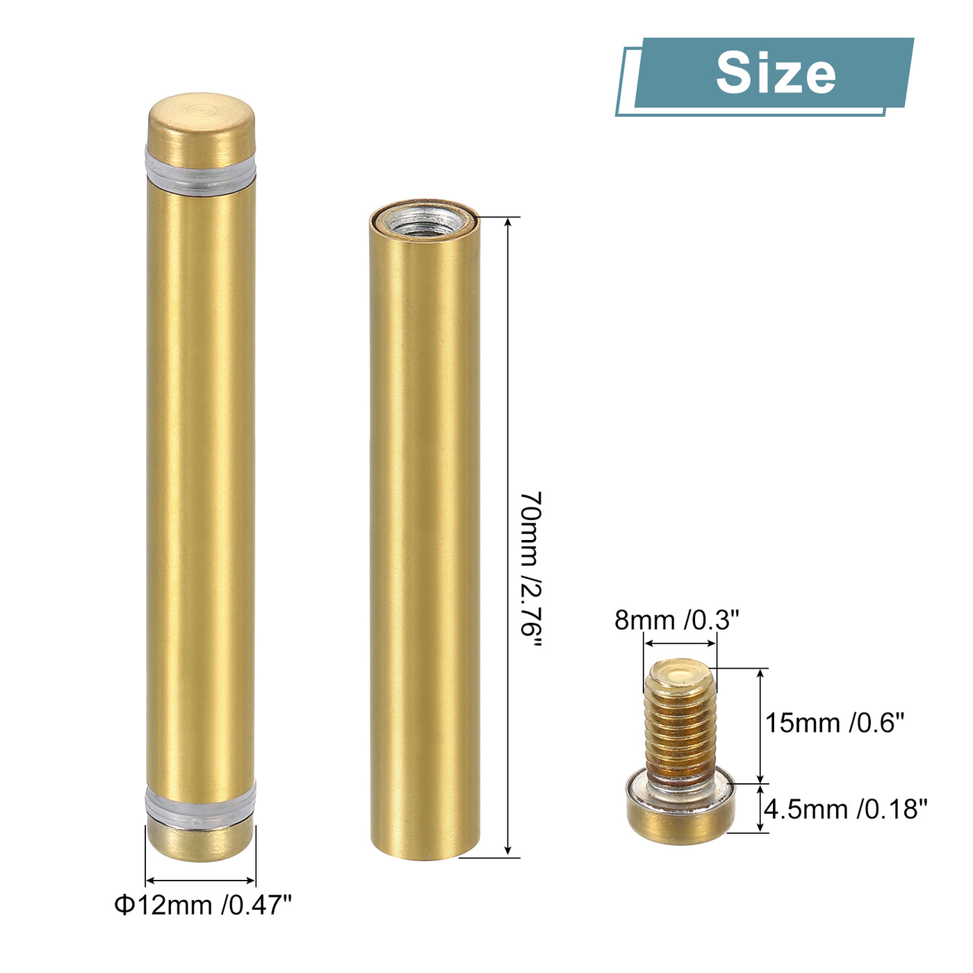 uxcell Uxcell 12 Stück Abstandsschrauben, 1/2" x 3,15" Edelstahl Doppelschrauben Wandabstandshalter Hardware für Acrylglas-Schildhalter Weinglasregal, Gold