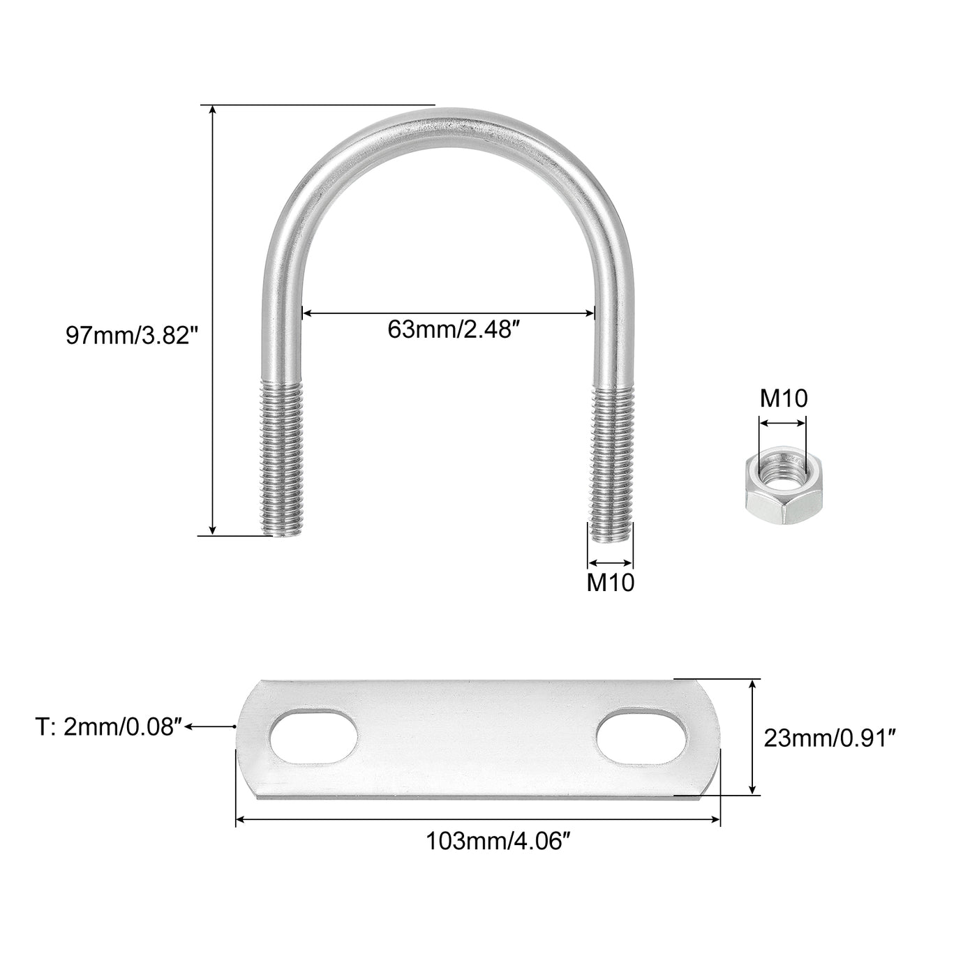 uxcell Uxcell 8 Set U Schrauben M10 x 63mm ID x 97mm Länge Runde U Bügelschraube Edelstahl 304 Klammer Schellen U-Bolzen mit Gewinde Muttern Rahmenplatte Unterlegscheibe für Rohr Befestigung