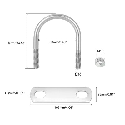 Harfington Uxcell 8 Set U Schrauben M10 x 63mm ID x 97mm Länge Runde U Bügelschraube Edelstahl 304 Klammer Schellen U-Bolzen mit Gewinde Muttern Rahmenplatte Unterlegscheibe für Rohr Befestigung