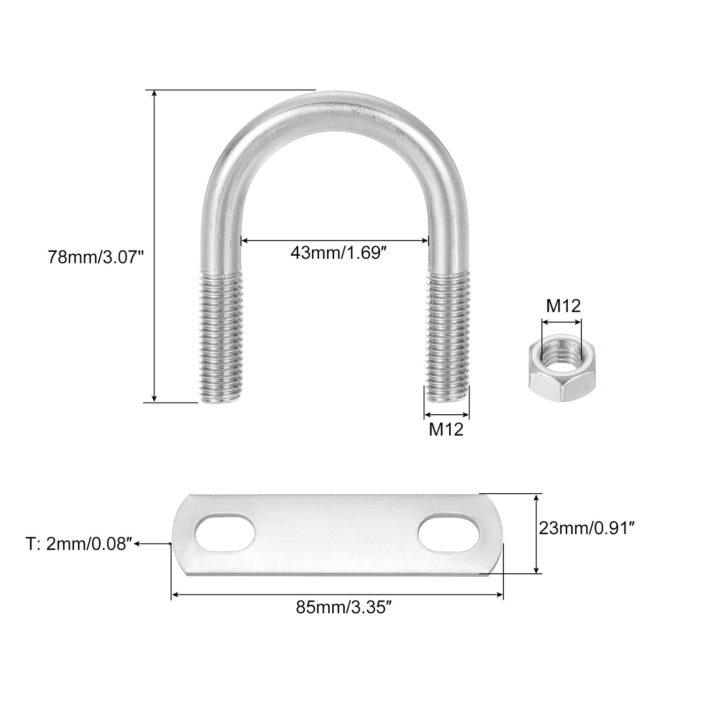 uxcell Uxcell Round U-Bolts, 4 Sets 45mm Inner Width 78mm Length M12 with Nuts and Plates