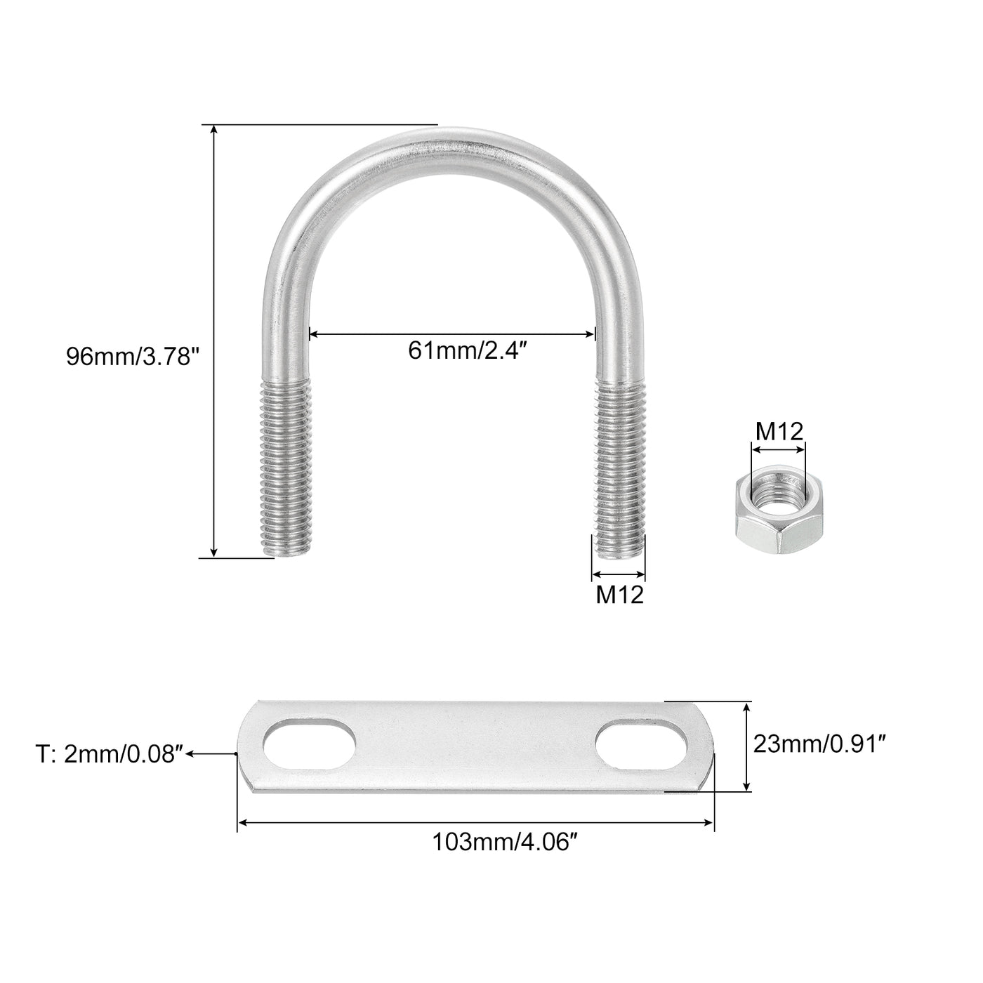 uxcell Uxcell Round U-Bolts, 4 Sets 63mm Inner Width 96mm Length M12 with Nuts and Plates