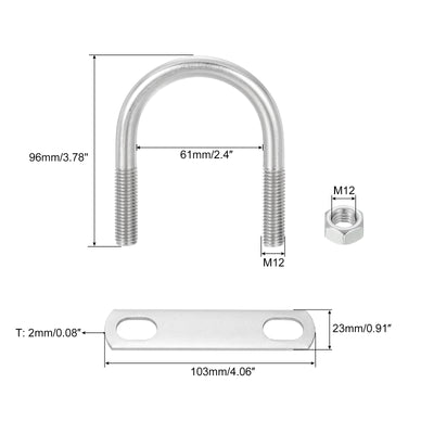 Harfington Uxcell Round U-Bolts, 4 Sets 63mm Inner Width 96mm Length M12 with Nuts and Plates