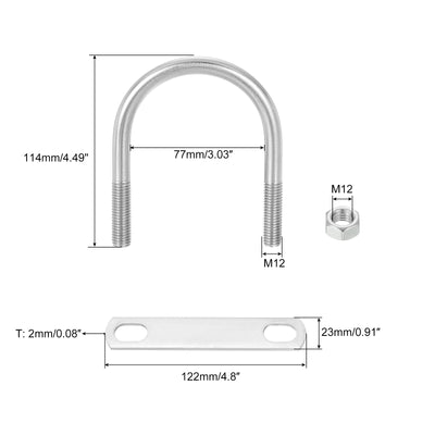 Harfington Uxcell Round U-Bolts, 4 Sets 77mm Inner Width 114mm Length M12 with Nuts and Plates