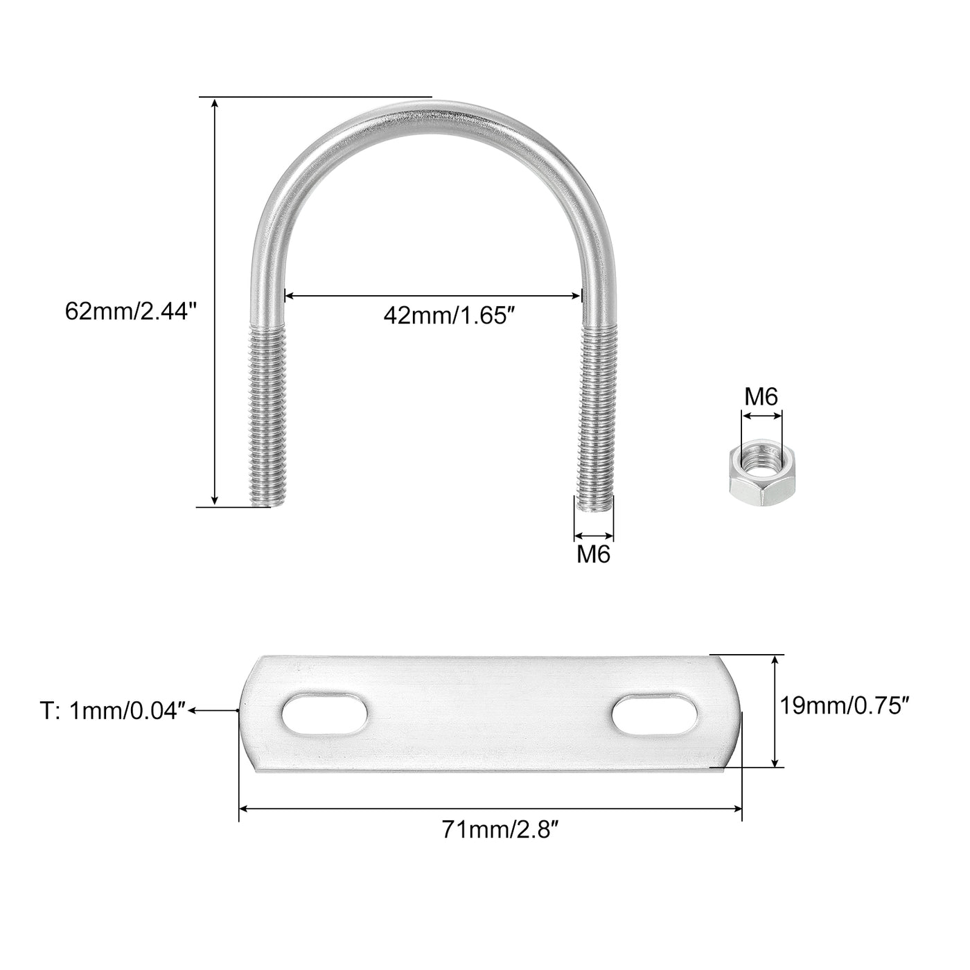 uxcell Uxcell Round U-Bolts, 4 Sets 42mm Inner Width 62mm Length M6 with Nuts and Plates