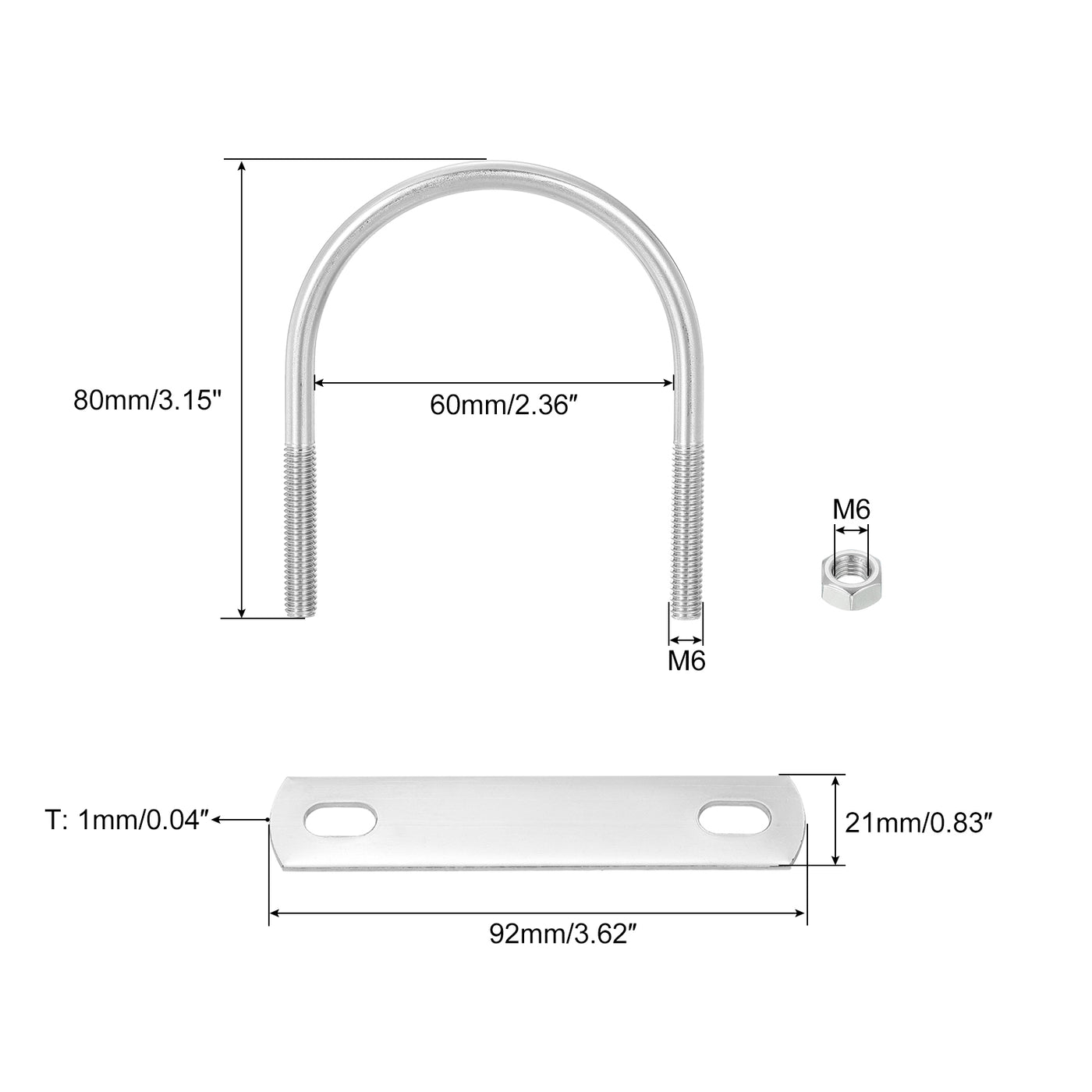 uxcell Uxcell 4 Set U Schrauben M6 x 60mm ID x 80mm Länge Runde U Bügelschraube Edelstahl 304 Klammer Schellen U-Bolzen mit Gewinde Muttern Rahmenplatte Unterlegscheibe für Rohr Befestigung