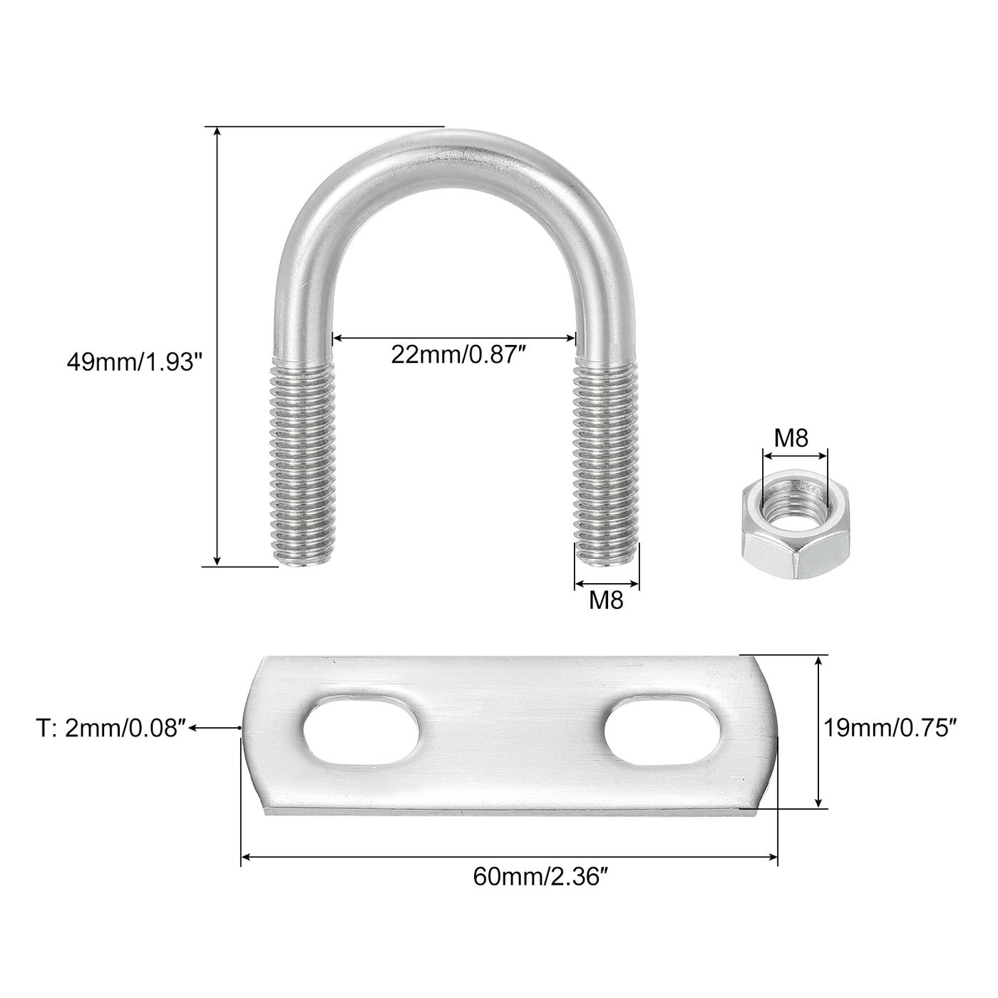 uxcell Uxcell Round U-Bolts, 4 Sets 24mm Inner Width 49mm Length M8 with Nuts and Plates