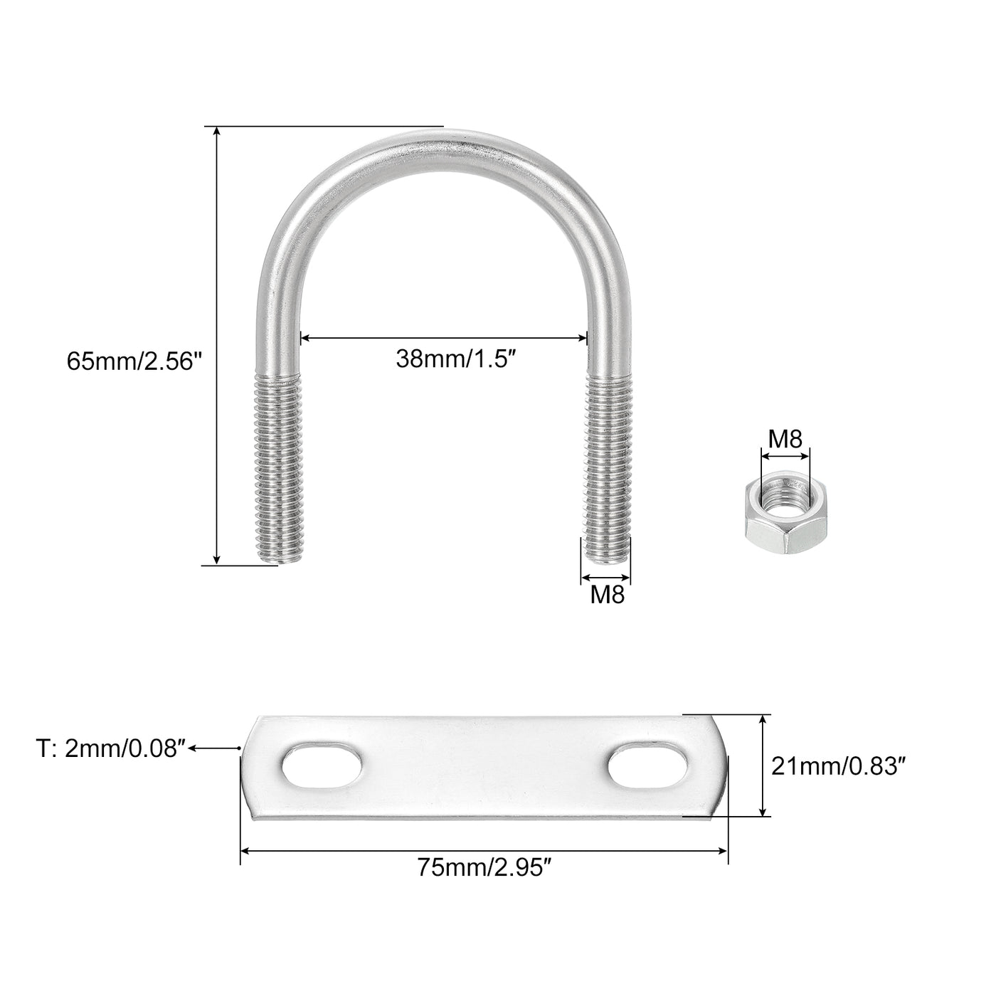 uxcell Uxcell Round U-Bolts, 4 Sets 40mm Inner Width 65mm Length M8 with Nuts and Plates