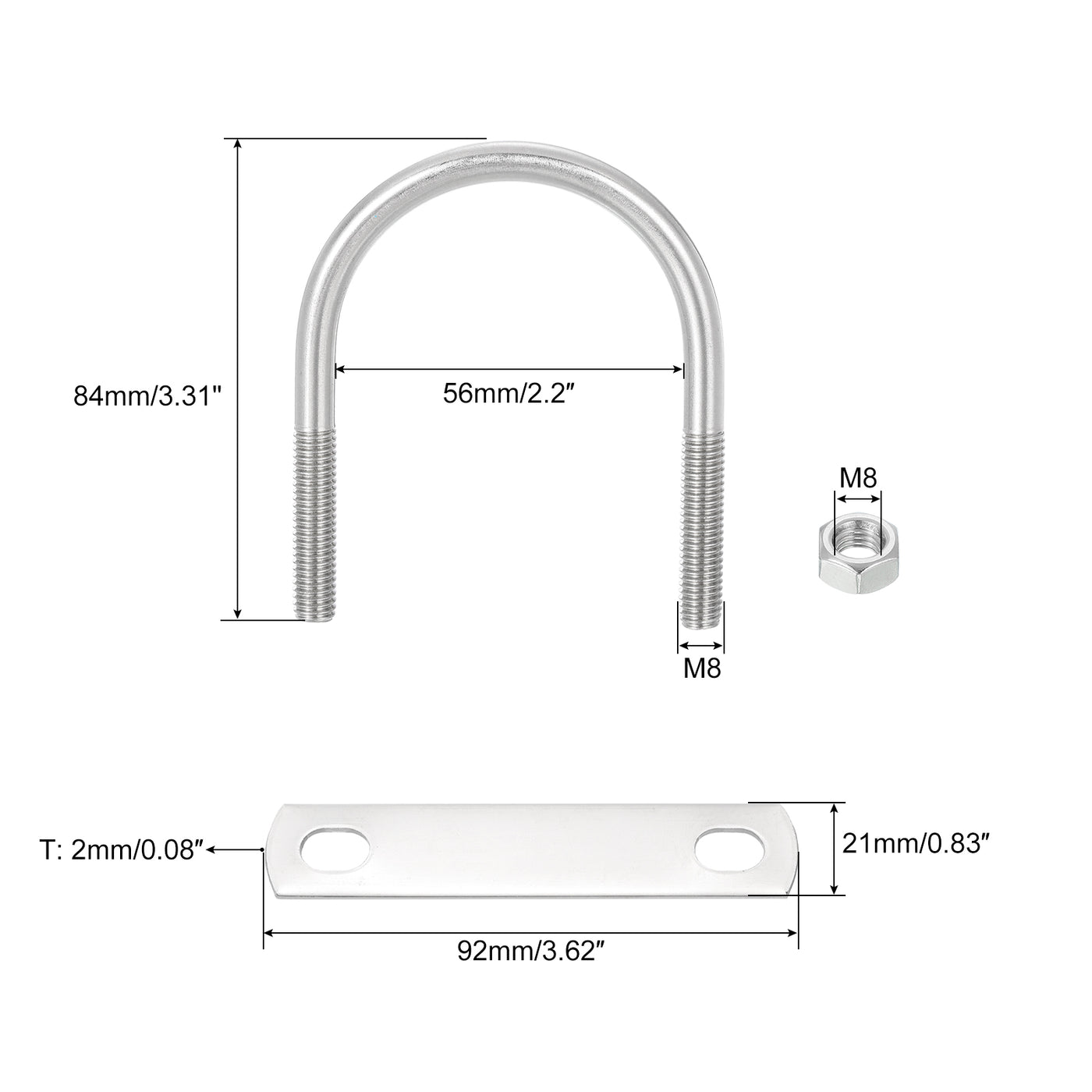 uxcell Uxcell 8 Set U Schrauben M8 x 56mm ID x 84mm Länge Runde U Bügelschraube Edelstahl 304 Klammer Schellen U-Bolzen mit Gewinde Muttern Rahmenplatte Unterlegscheibe für Rohr Befestigung