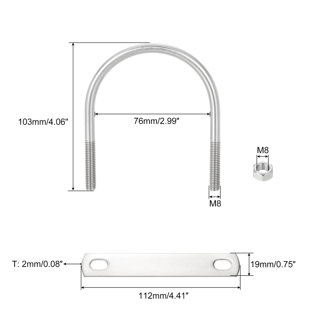 uxcell Uxcell Round U-Bolts, 4 Sets 78mm Inner Width 103mm Length M8 with Nuts and Plates