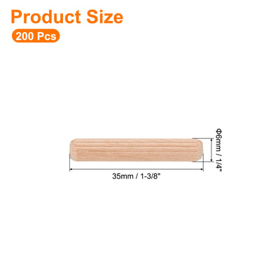 Harfington Uxcell 200Pcs 1/4" x 1-3/8" Wooden Dowel Pins, Furniture Woodwork Grooved Fluted Pin