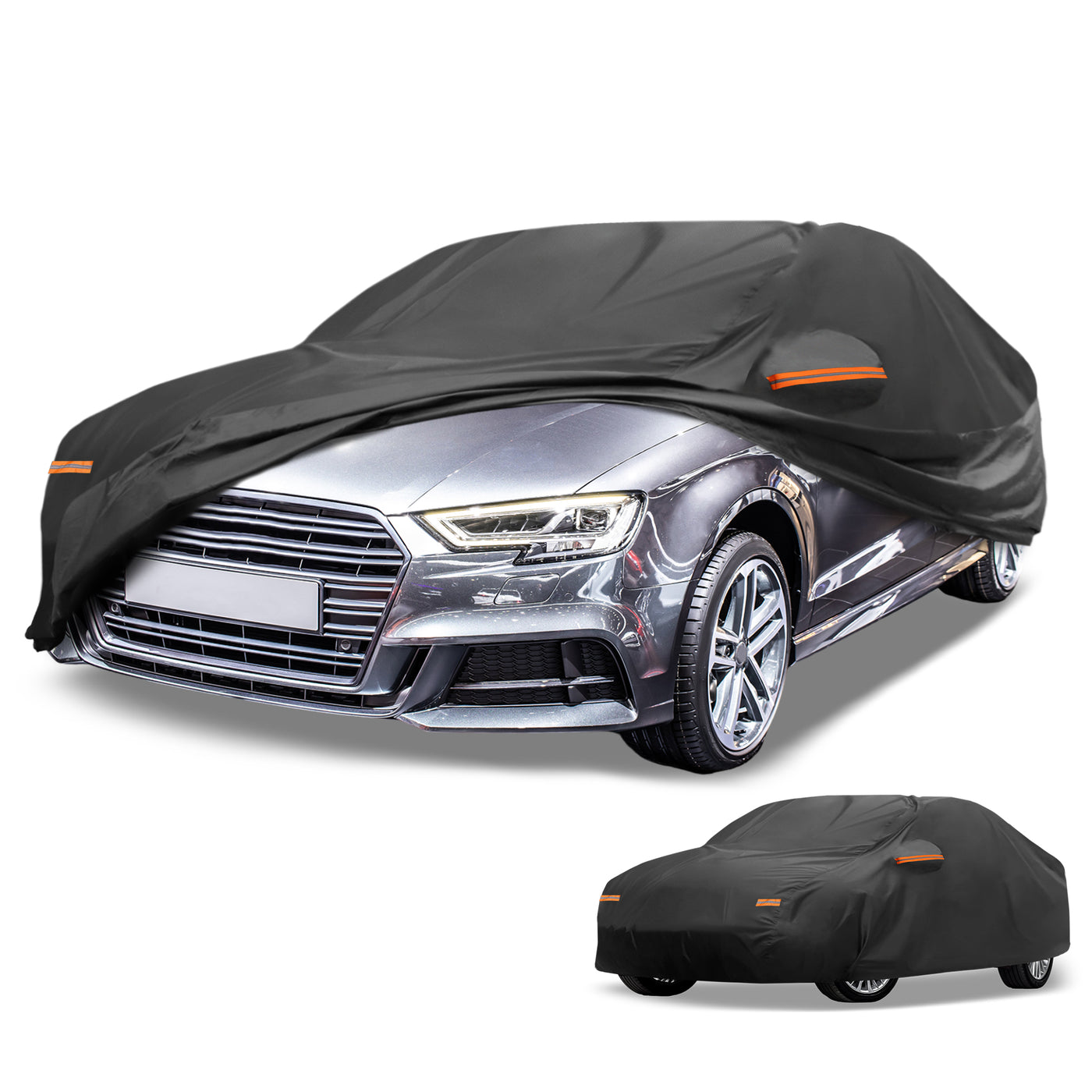 Partuto Autoabdeckung Wasserdicht Alle Wetter Sonnenregen Schutz Vollabdeckung für Audi A3 Limousine 2013-2024 210D-PU Schwarz mit Reflektierenden Streifen