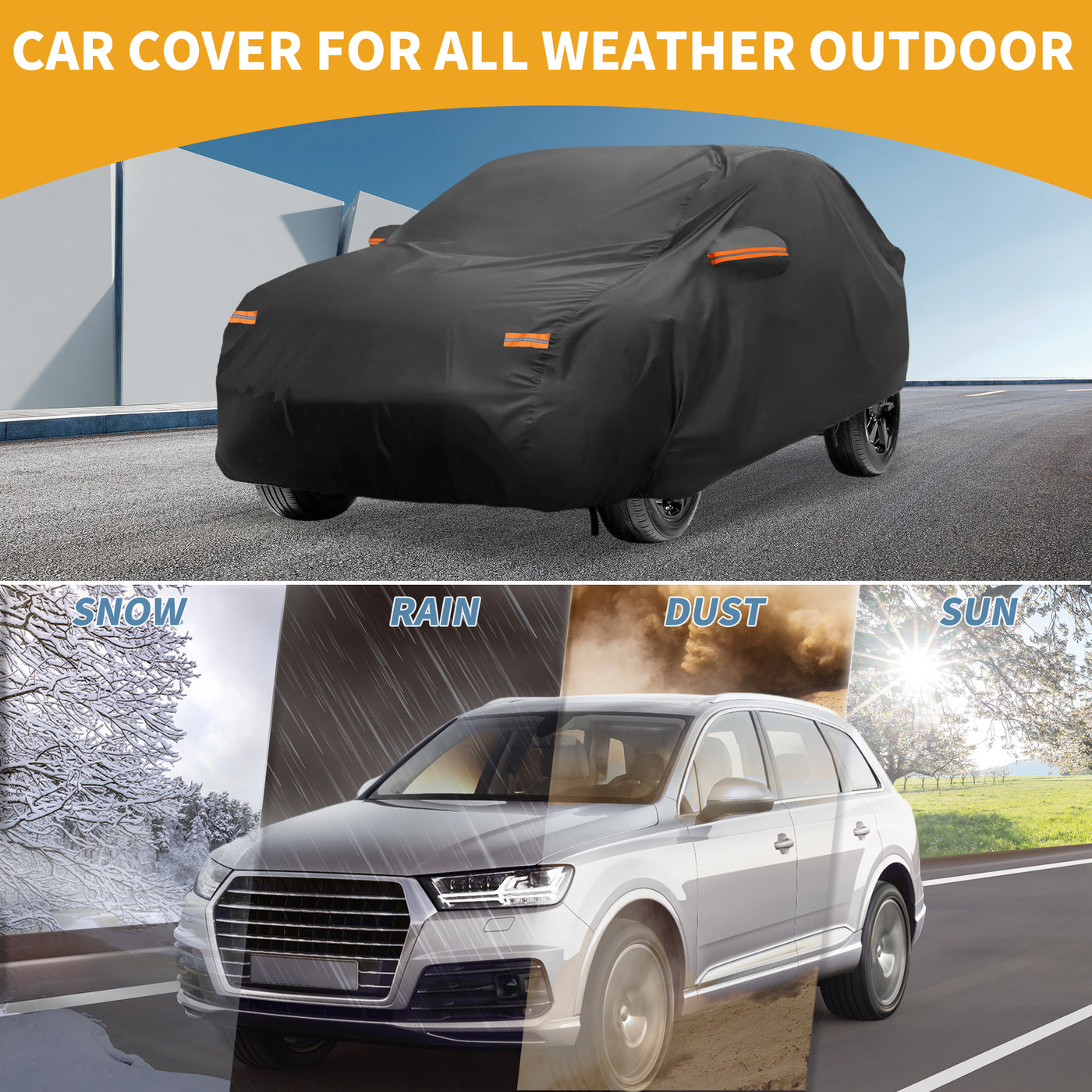 Partuto Car Cover Waterproof All Weather Sun Rain Protection Full Exterior Cover for Hyundai Tucson 2004-2024 210D-PU Black with Reflective Strips