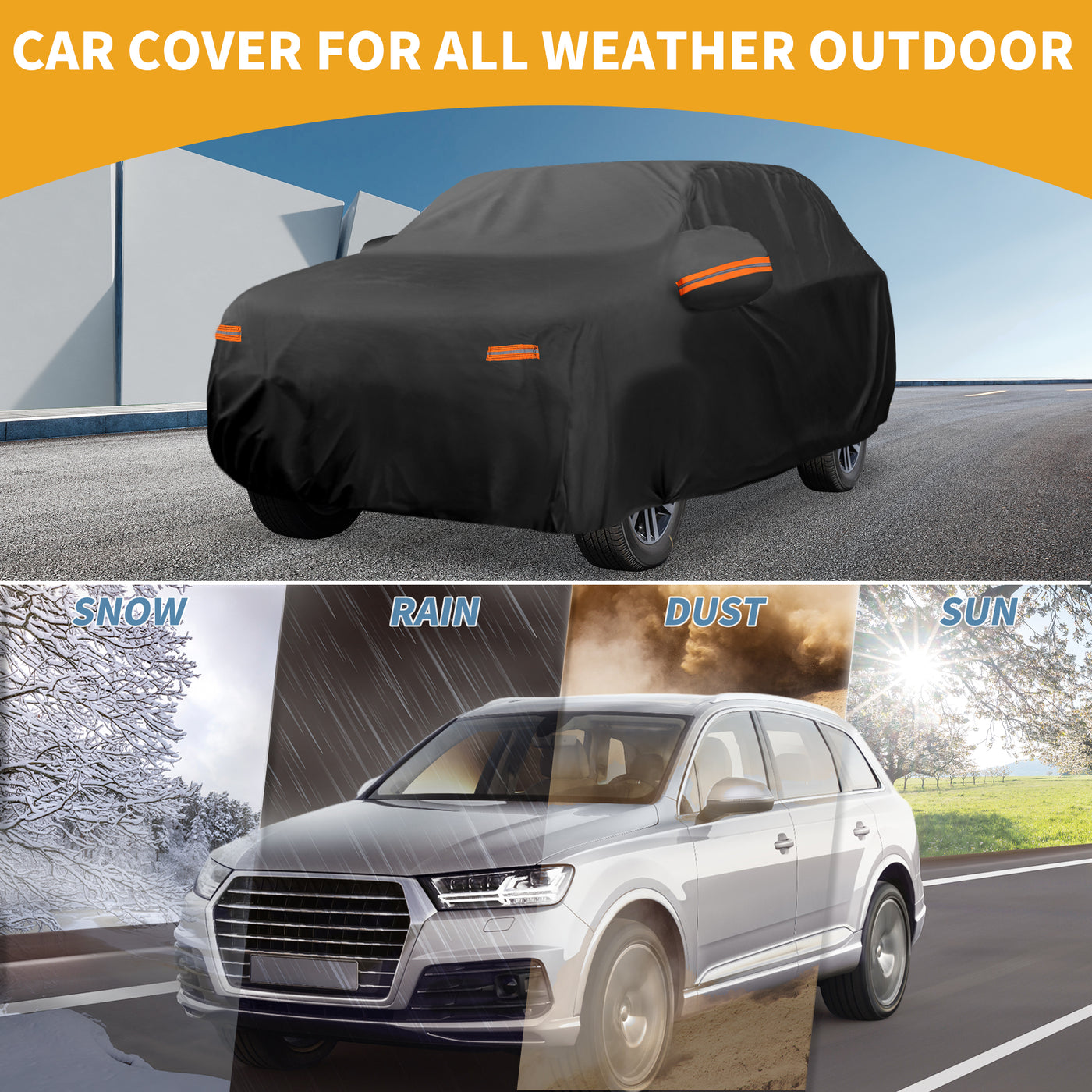 Partuto Car Cover Waterproof All Weather Sun Rain Protection Full Exterior Cover for Volkswagen Tiguan SWB 2017-2024 210D-PU Black with Reflective Strips