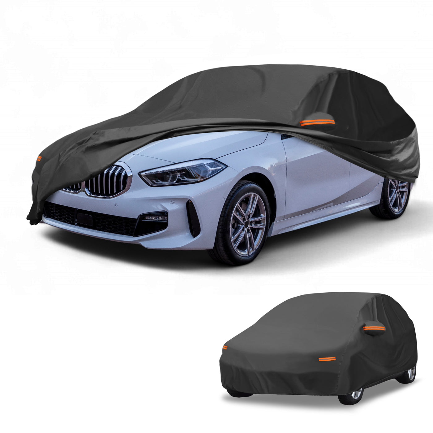 Partuto Car Cover Waterproof All Weather Sun Rain Protection Full Exterior Cover for BMW 1 Series Hatchback 210D-PU Black with Reflective Strips