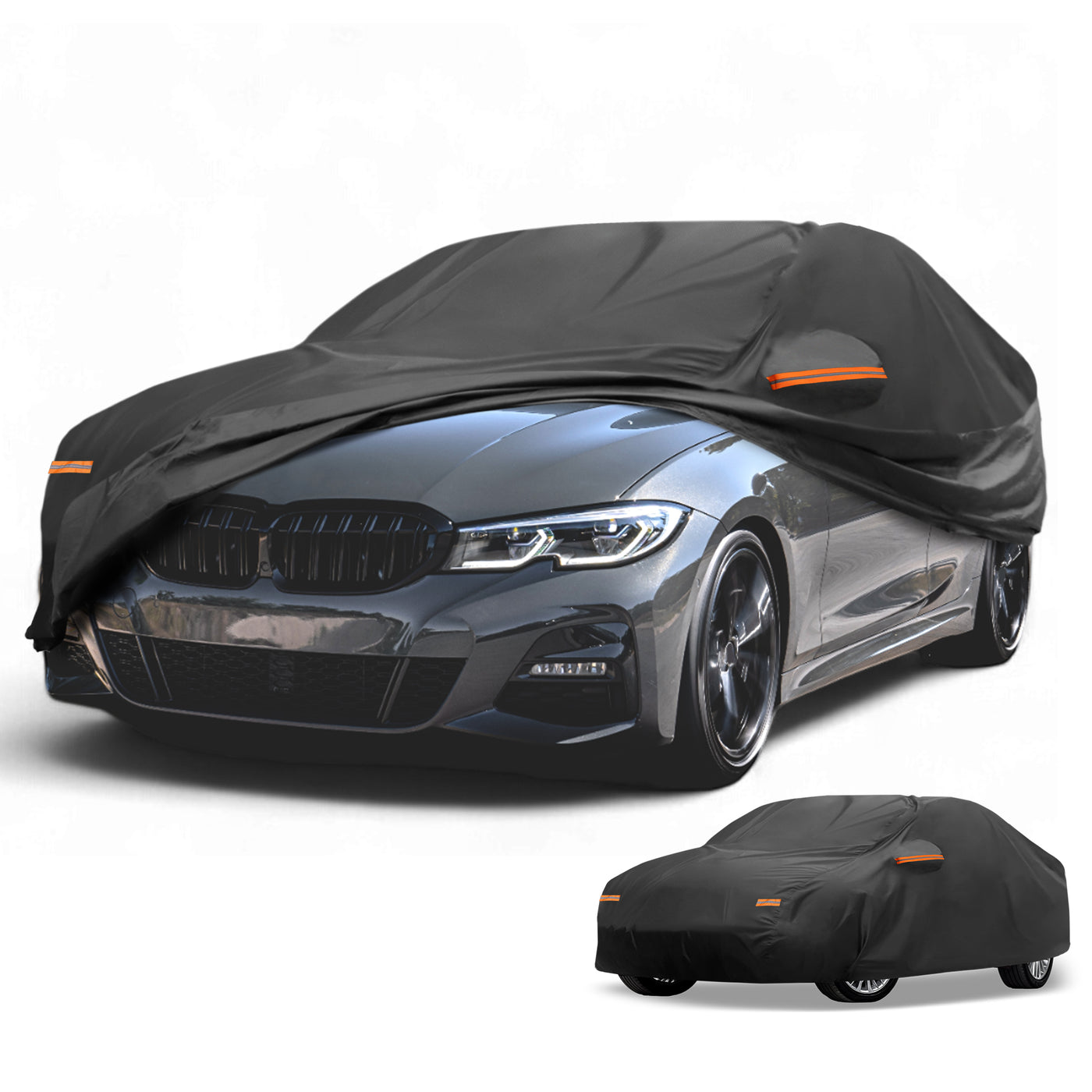 Partuto Car Cover Waterproof All Weather Sun Rain Protection Full Exterior Cover for BMW 3 Series 2016-2024 210D-PU Black with Reflective Strips